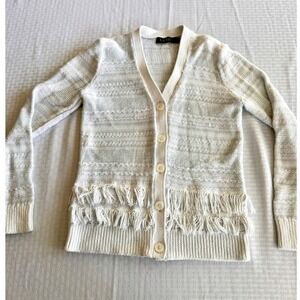 Lauren Ralph Lauren Linen Blend Fringe Cardigan Sweater Cream Blue Medium